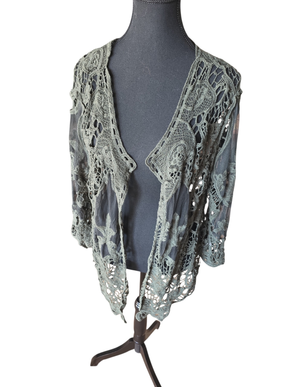 Crochet Open-Front Women's Cardigan Sweater - Olive Green